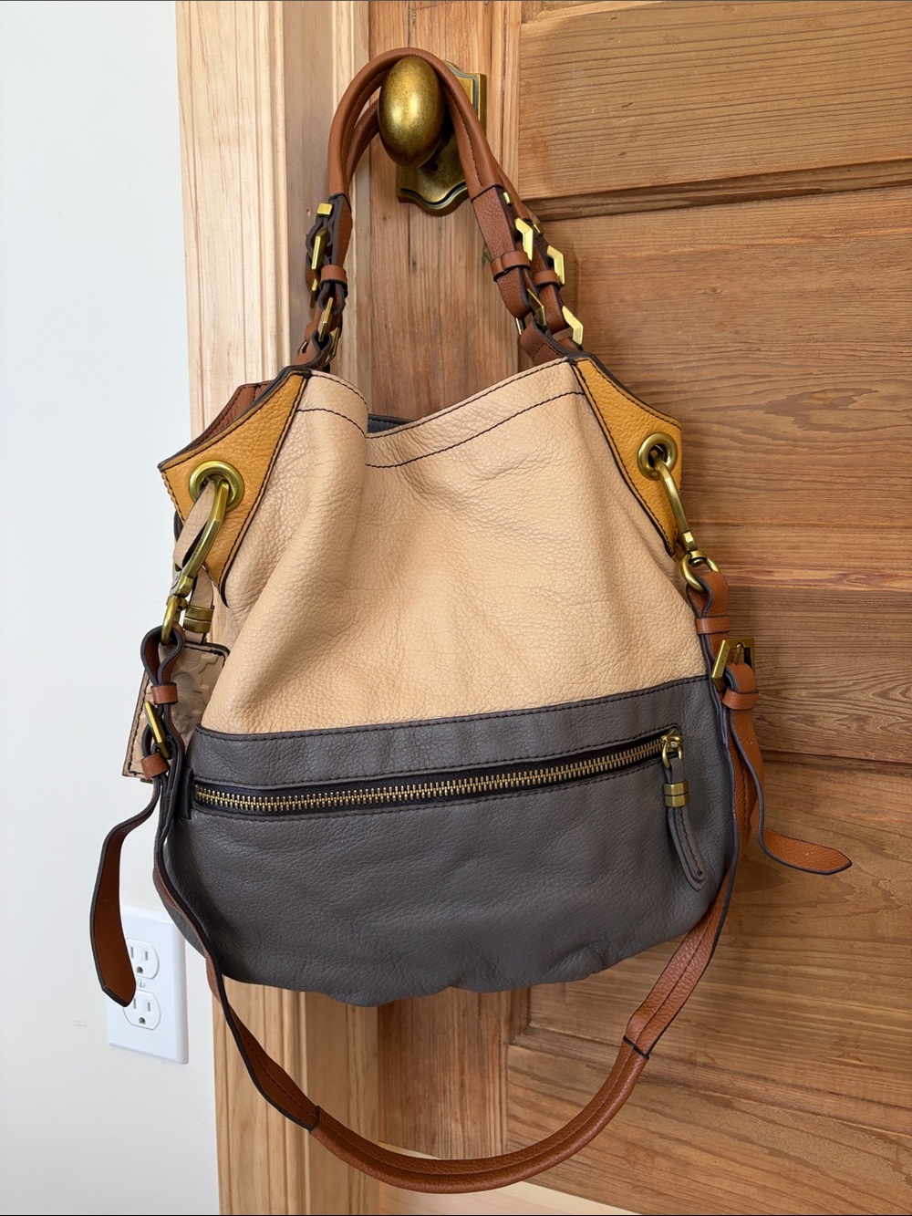 orYANY 🍂 Victoria Color Block Large Leather Hobo/Bucket Hand Shoulder Bag | EUC